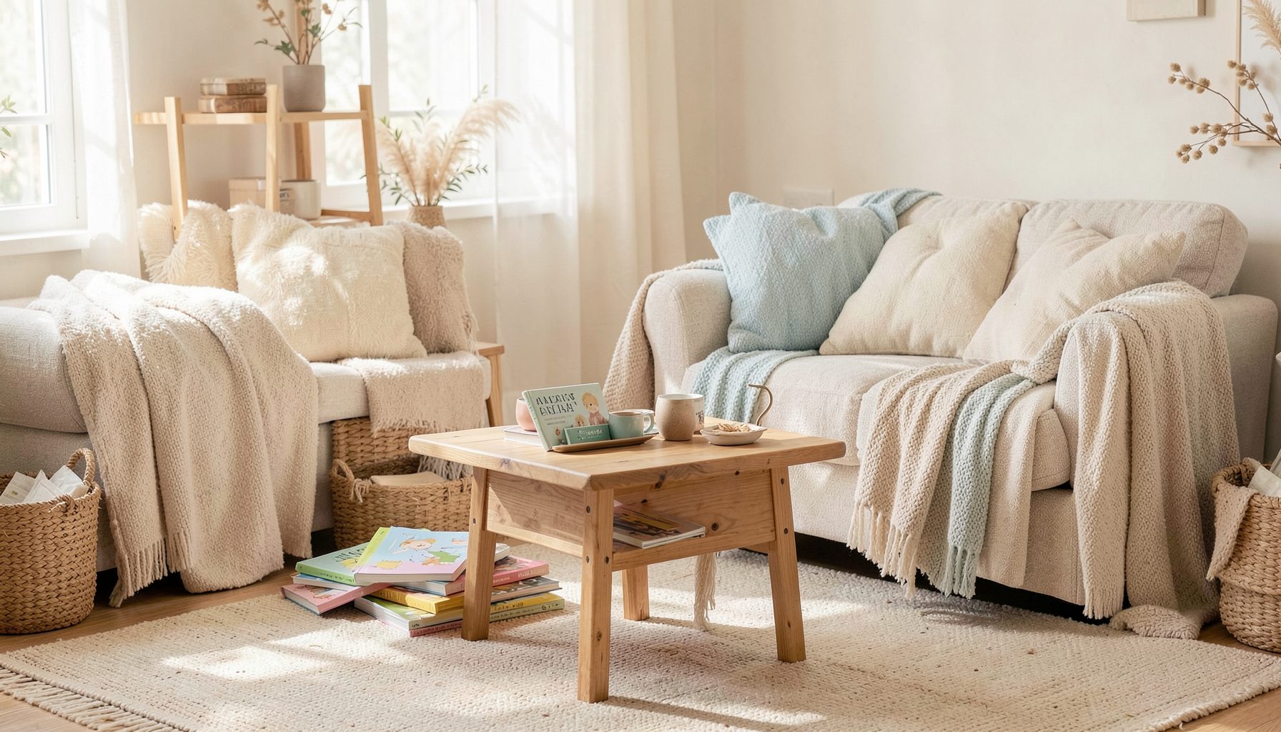 Ambiente cálido de hogar con materiales naturales, libros infantiles, elementos de madera y tejidos suaves en tonos crema