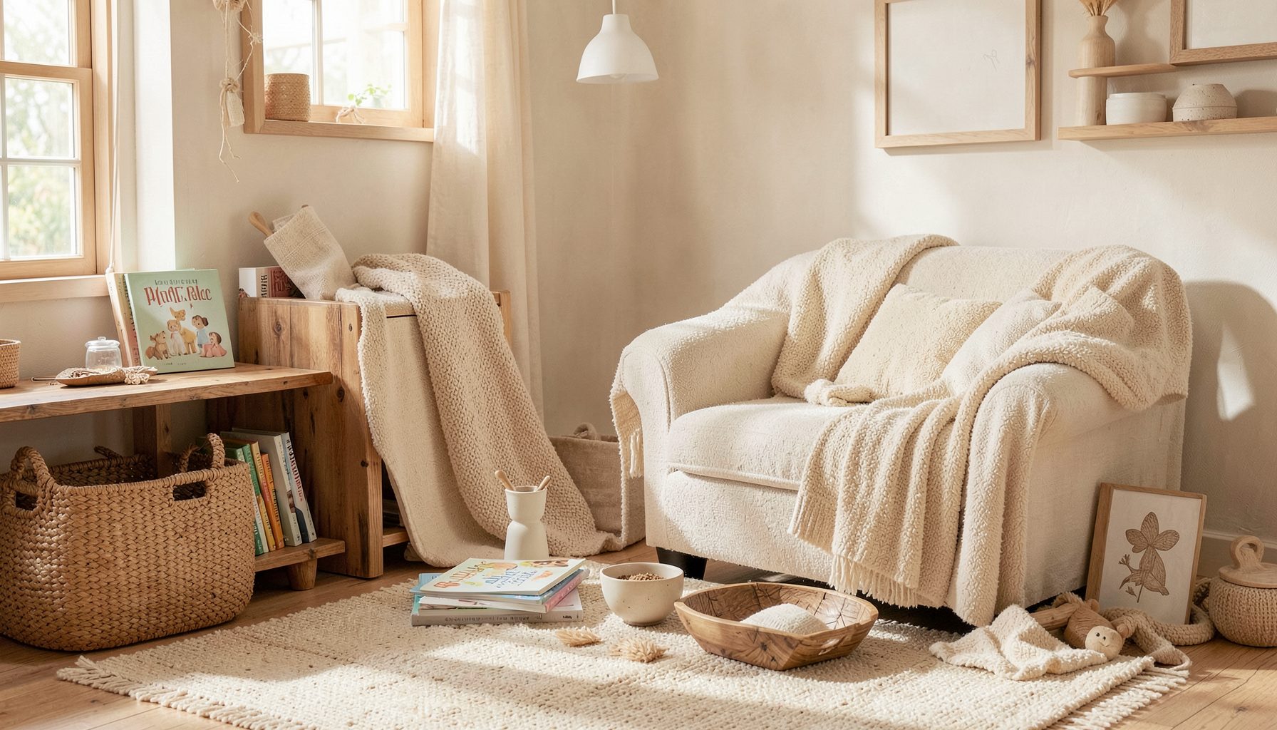 Ambiente cálido de hogar con materiales naturales, libros infantiles, elementos de madera y tejidos suaves en tonos crema, transmitiendo serenidad y calma.