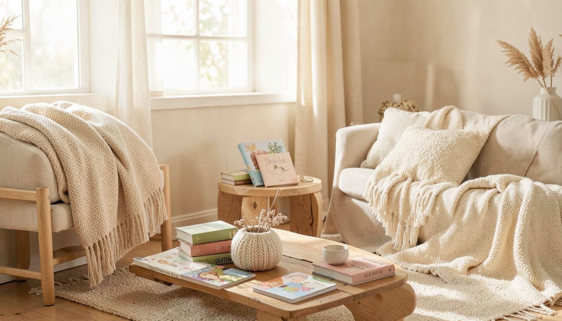 Ambiente cálido de hogar con materiales naturales, libros infantiles, elementos de madera y tejidos suaves en tonos crema