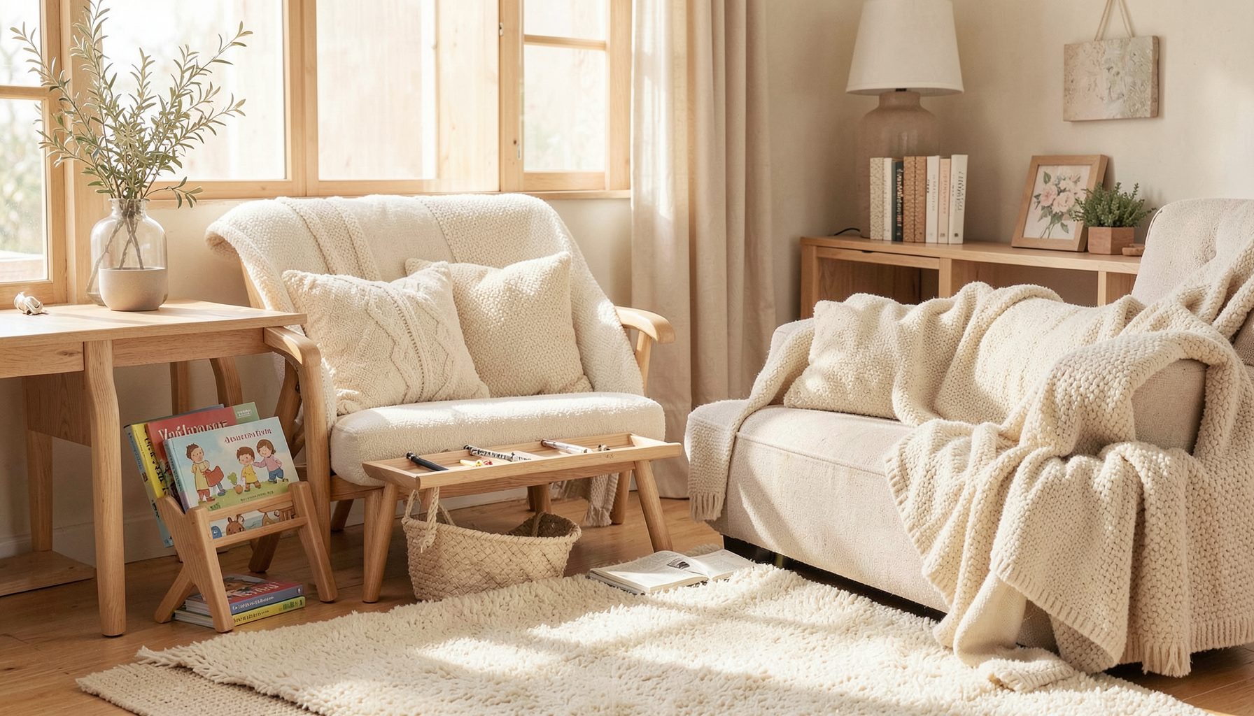 Ambiente cálido de hogar con materiales naturales, libros infantiles, elementos de madera y tejidos suaves en tonos crema