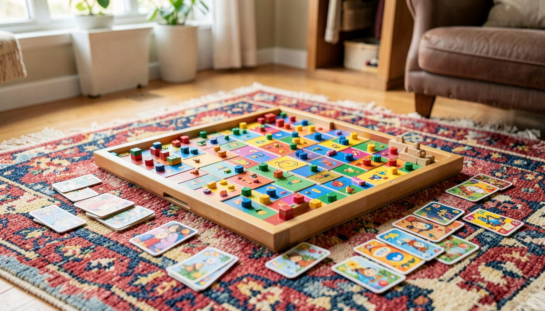 Juegos de mesa coloridos desplegados sobre una alfombra, con piezas de madera y cartas en un entorno familiar luminoso.