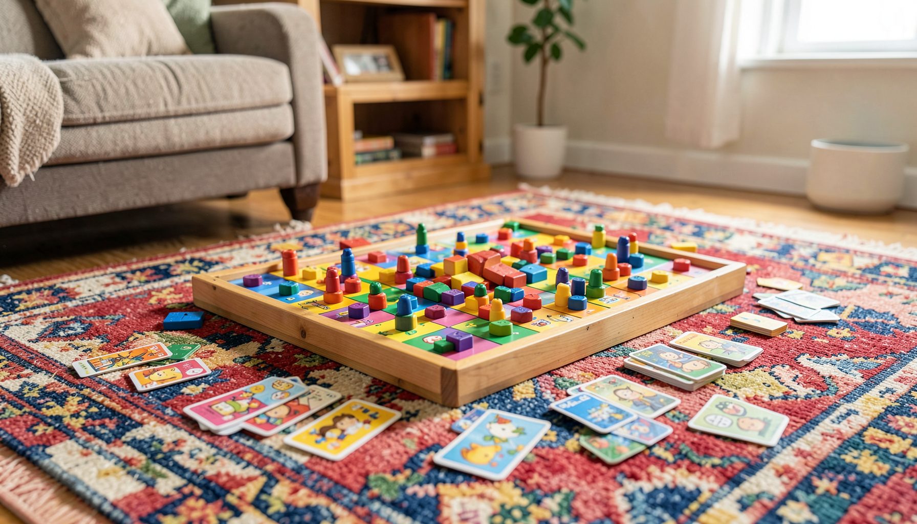 Juegos de mesa coloridos desplegados sobre una alfombra, con piezas de madera y cartas en un entorno familiar luminoso