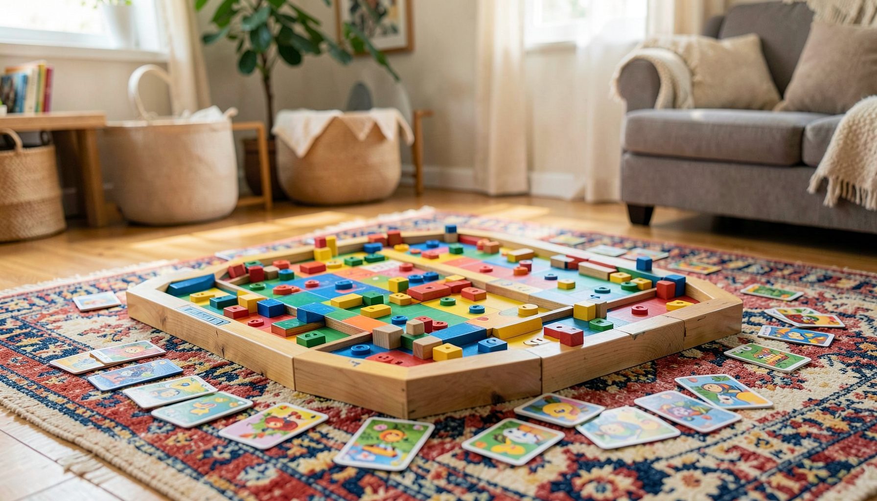 Juegos de mesa coloridos desplegados sobre una alfombra, con piezas de madera y cartas en un entorno familiar luminoso y acogedor.