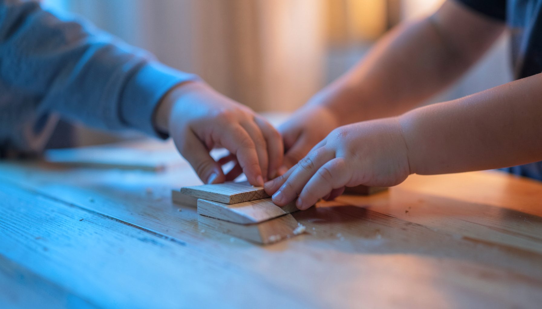 Manos infantiles manipulando piezas de madera sobre una mesa de luz con tonos azulados y anaranjados suaves, en un entorno de juego tranquilo.