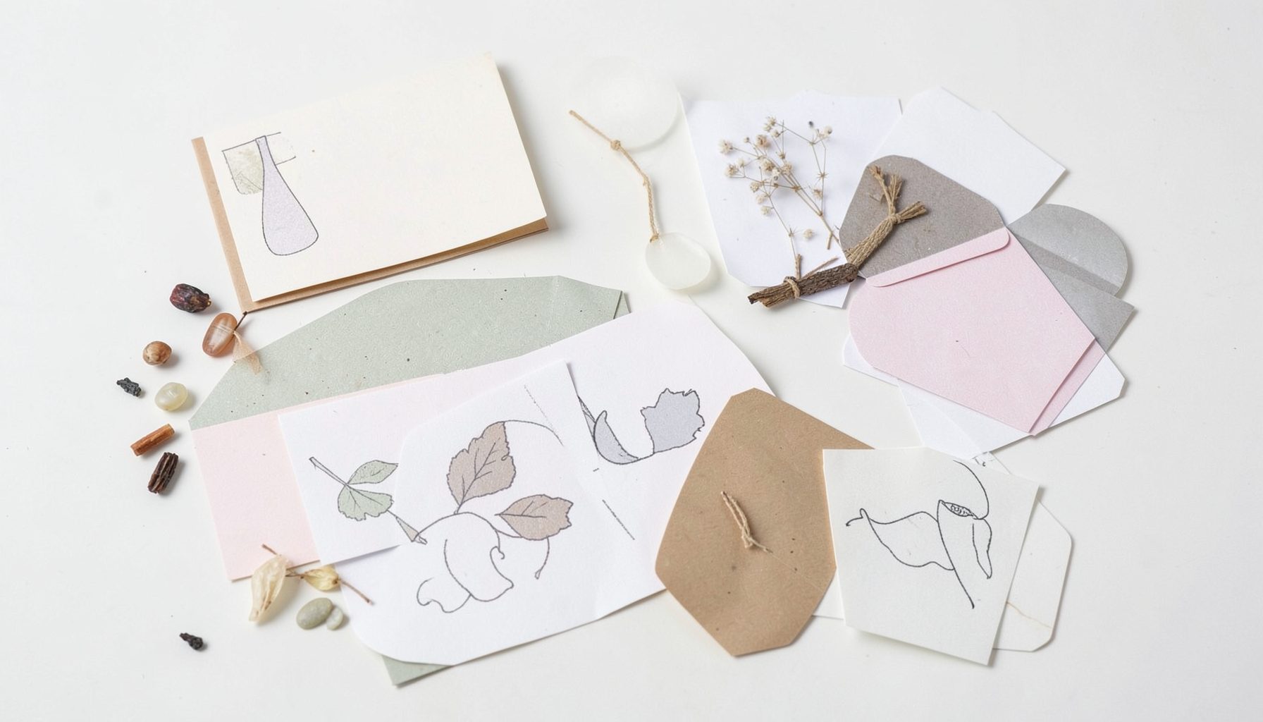 Materiales descargables ordenados sobre una superficie clara, con tarjetas, láminas y pequeños elementos naturales en tonos tierra