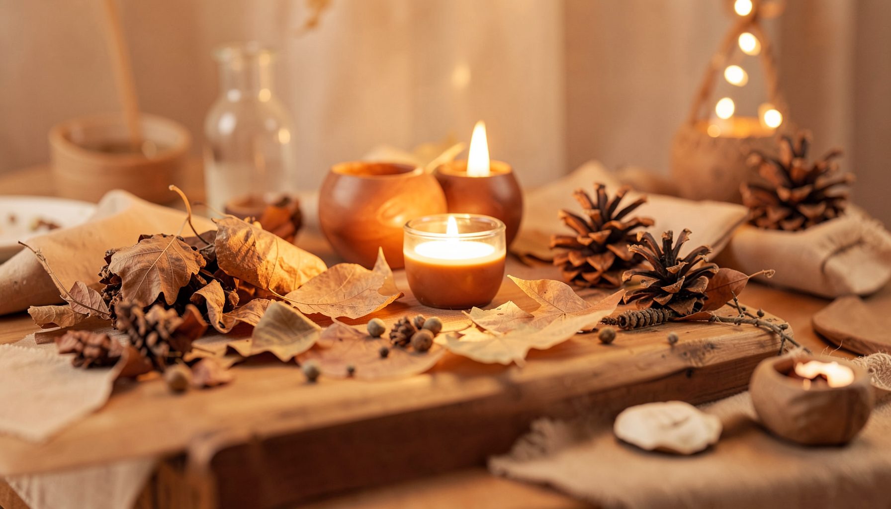 Mesa de luz con materiales naturales, hojas secas, piñas y elementos sensoriales en tonos cálidos y suaves
