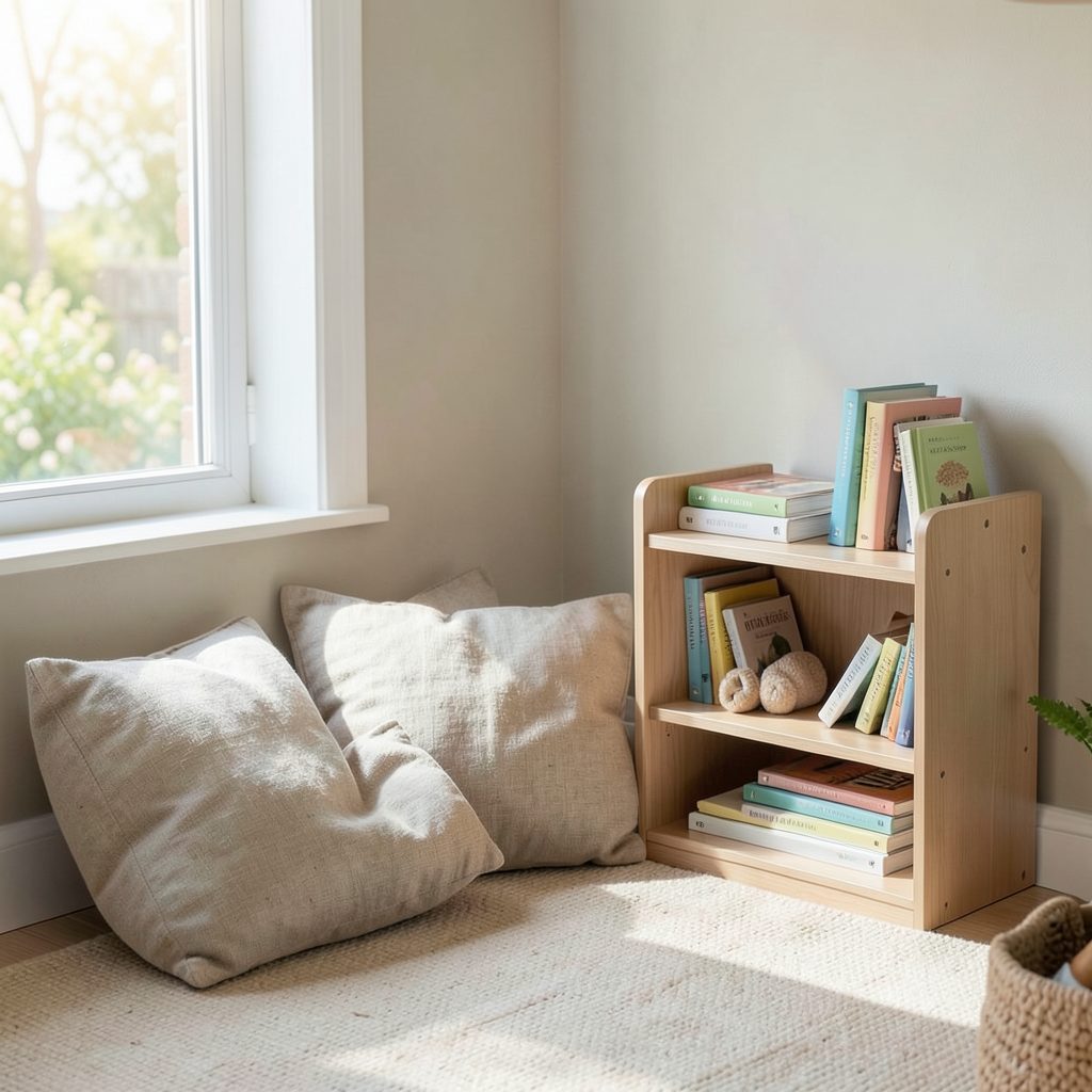 Rincón de lectura infantil con cojines de lino, una pequeña estantería de madera clara y luz natural que entra por una ventana