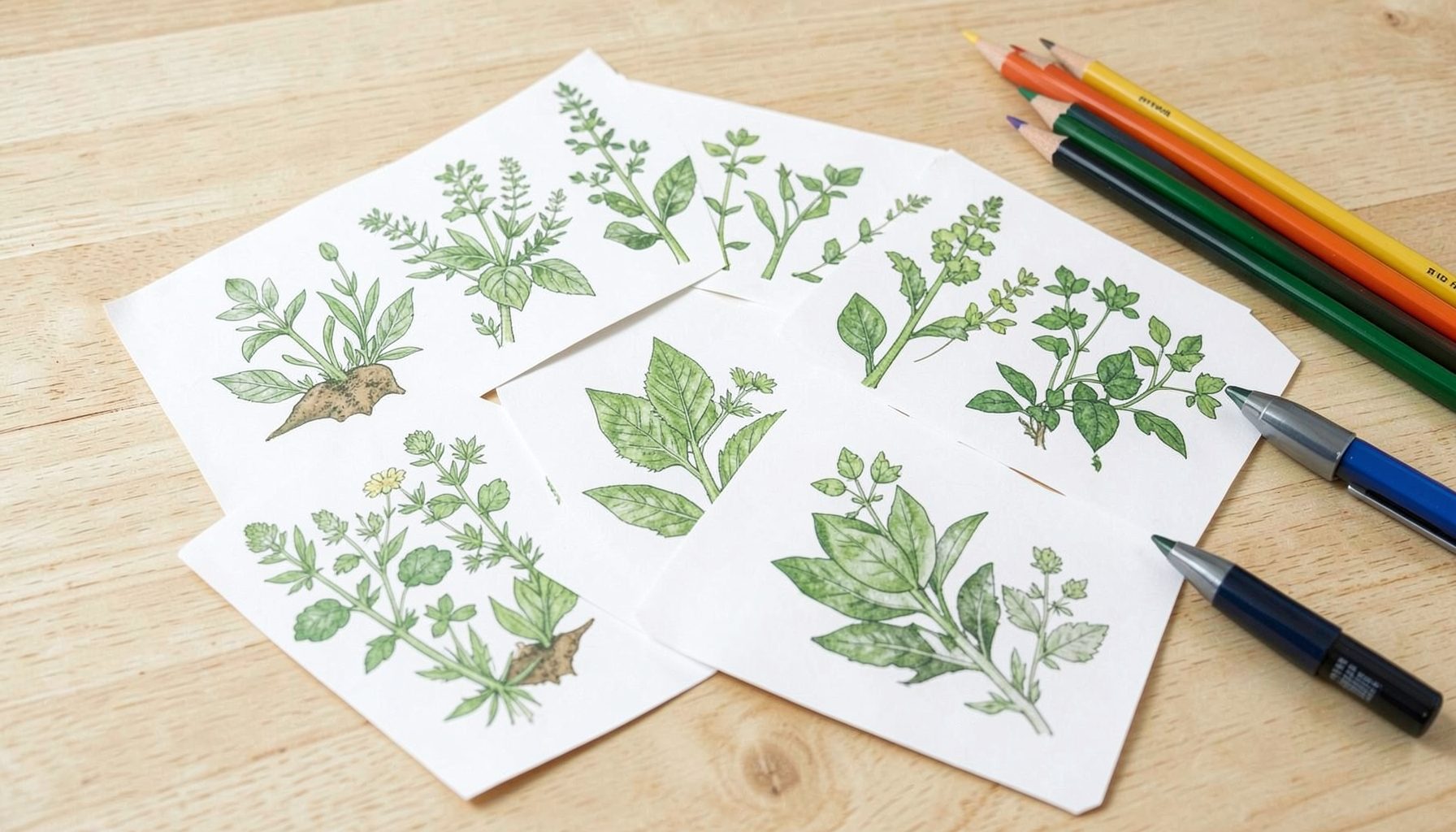 Tarjetas educativas imprimibles con ilustraciones botánicas en tonos verdes y tierra, dispuestas sobre una mesa de madera
