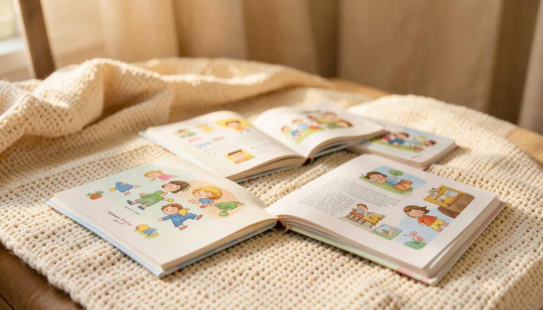 Varios libros infantiles abiertos sobre una manta de punto, con luz cálida y un ambiente acogedor de lectura en tonos crema y tierra.